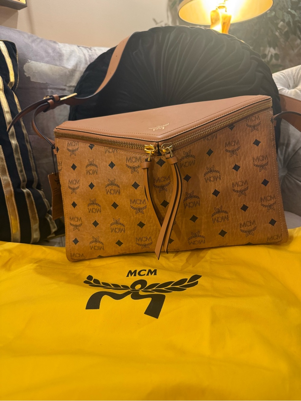 MCM Mustard Yellow Suede Interior with Embossed Leather Patch - Picture 13 of 16